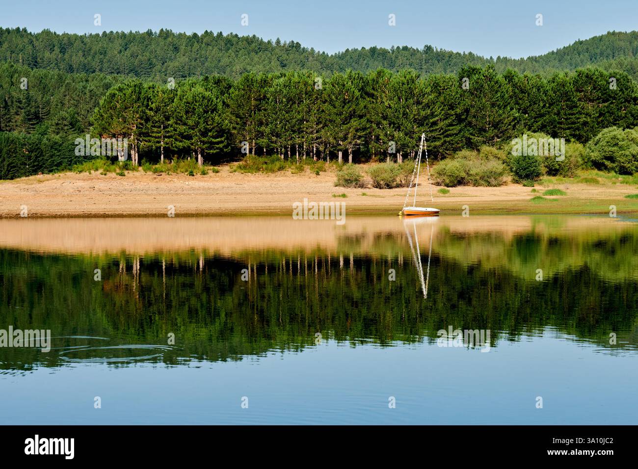 A small boat docked on the lakeside with trees in the background and ...