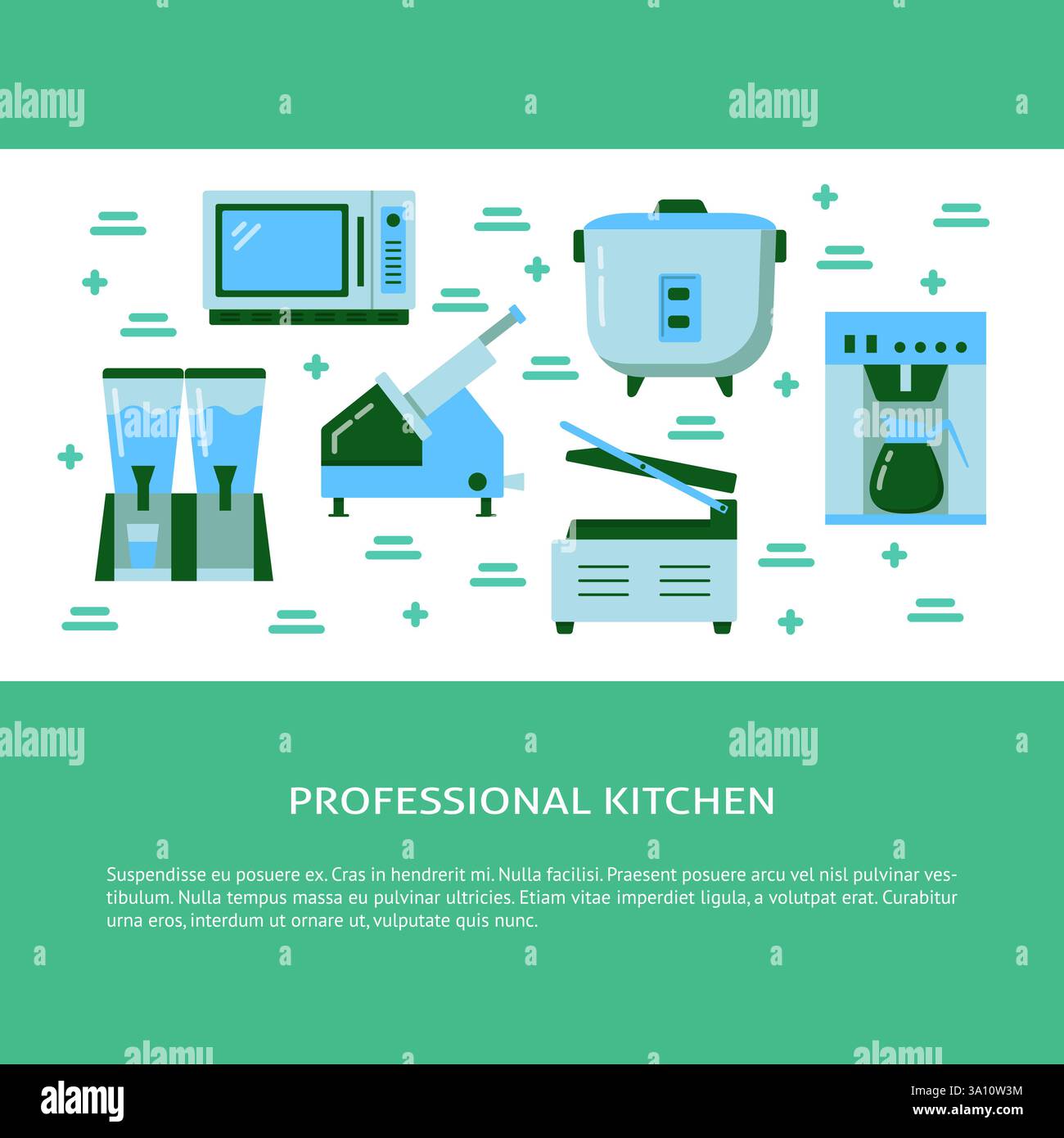 Food Processing Machine Poster Professional kitchen equipment concept banner in flat style. Restaurant ...