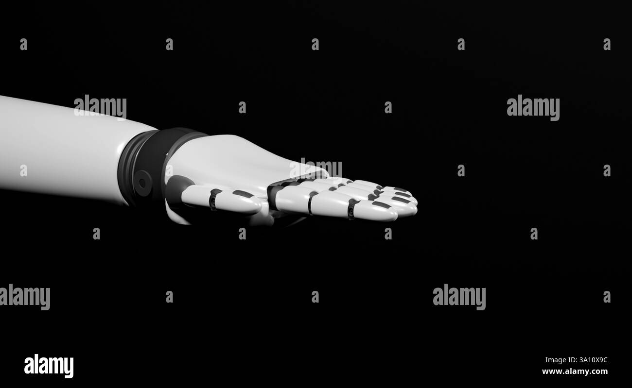 Robot hand in white and black colors on a black background, part of the ...
