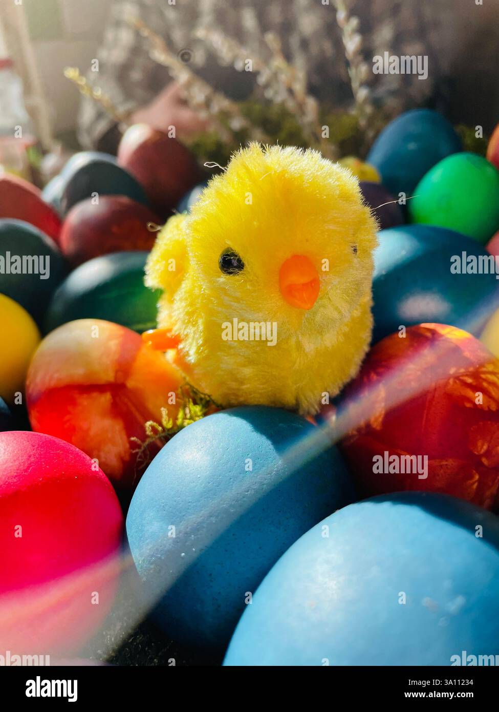 A cute, fuzzy chick sits atop a pile of brightly colored Easter eggs, a joyful spring scene. - Smartphone Captured Stock Image
