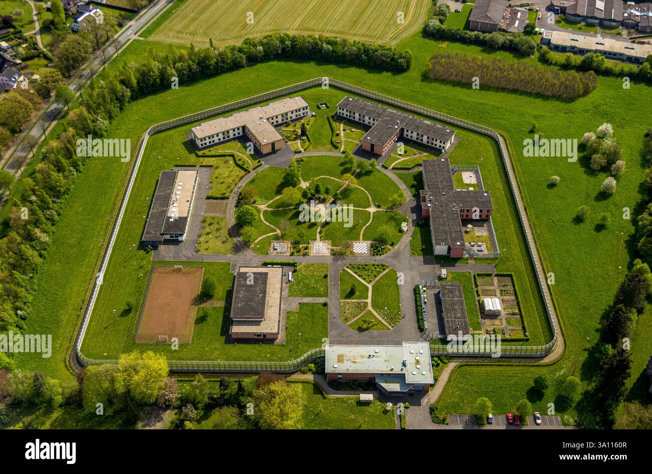 Aerial view, Forensic Psychiatry - LVR Clinic, special psychiatric facilities, circular garden, Hau, Bedburg-Hau, Lower Rhine, North Rhine-Westphalia, Stock Photo