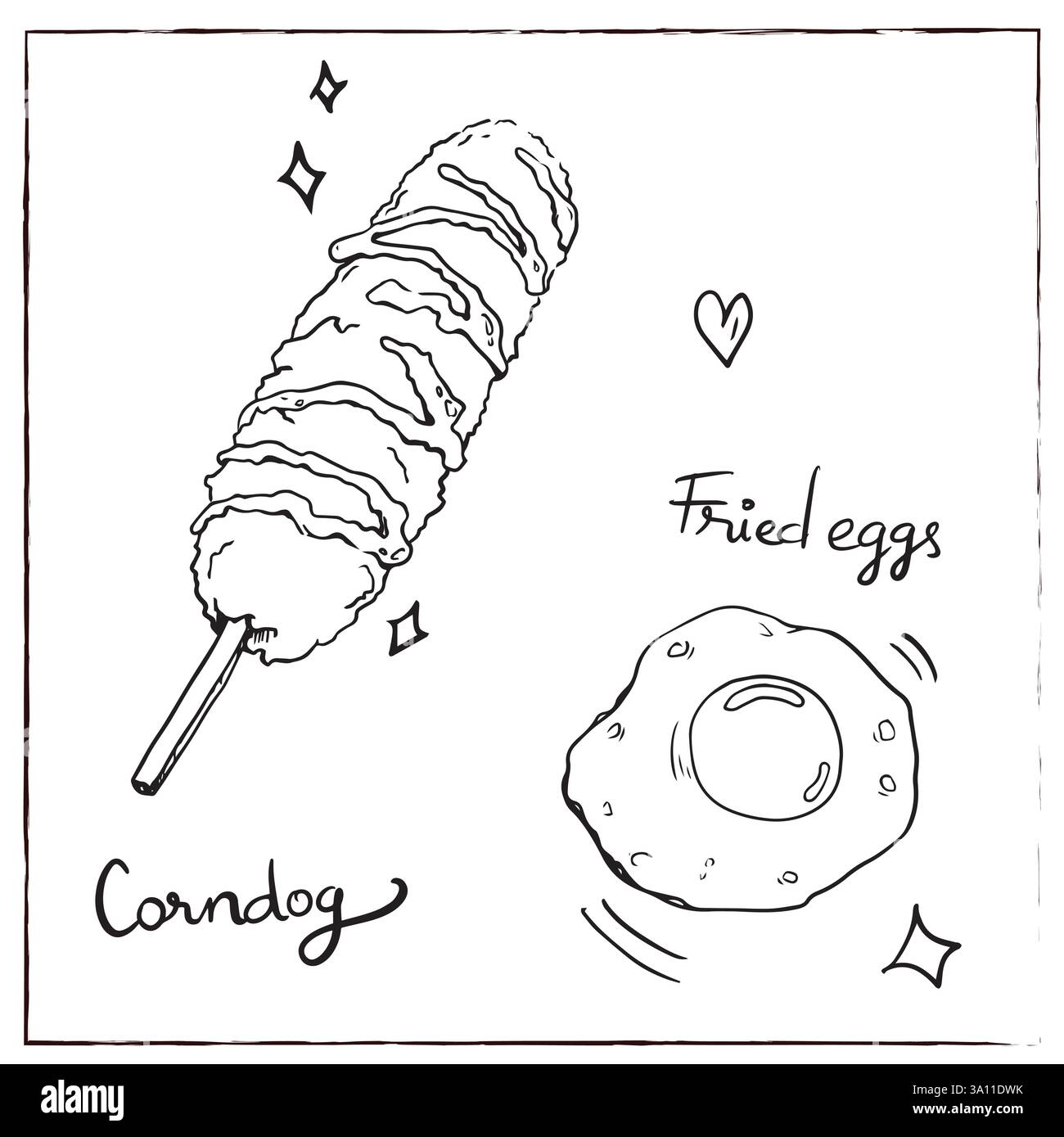 Corndog fried egg food line sketch doodle hand drawn vector illustrator element Stock Vector