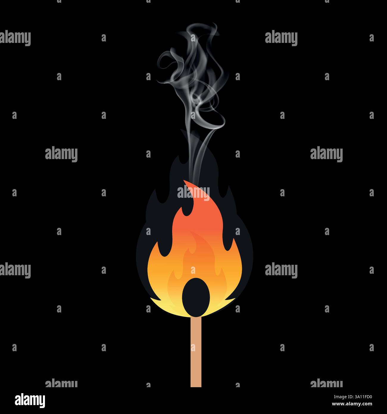 Burning match stick . Flat vector illustration. Isolated on dark black ...