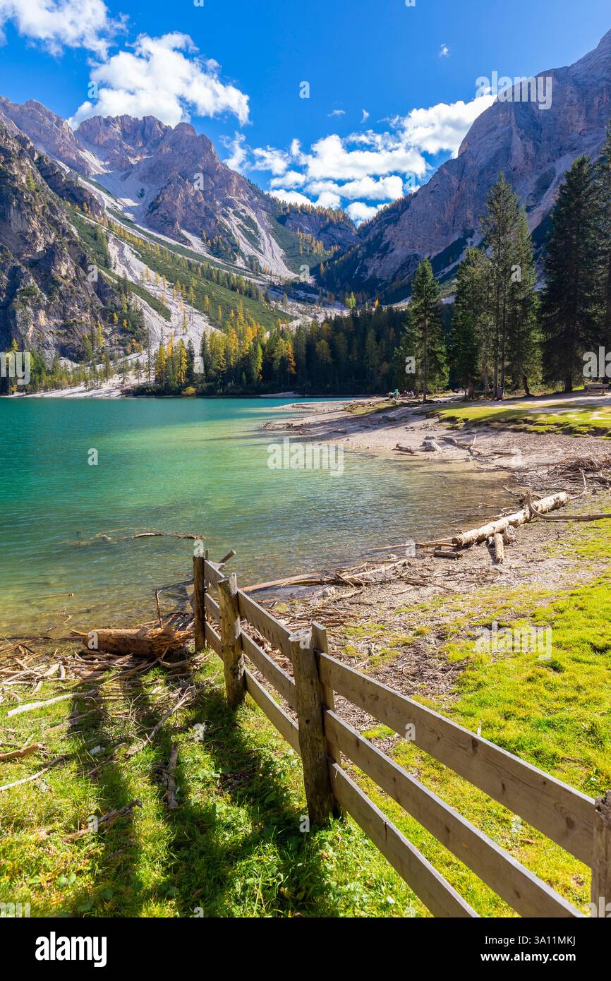 View of Braies lake in autumn season. Europe, Italy, South Tyrol, Braies valley, Bolzano province, Braies municipality. Stock Photo
