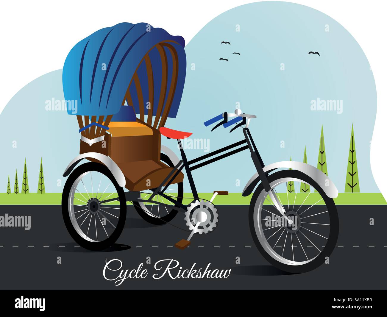 Colorful Cycle rickshaw vector illustration. India Rickshaw art. Tri cycle of kolkata city. Local vehicle , Road and scenery background Stock Vector