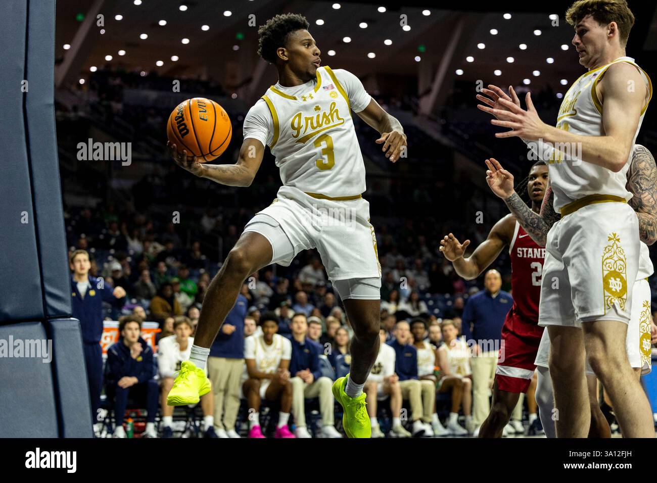 March 05, 2025: Notre Dame guard Markus Burton (3) saves the ball from ...