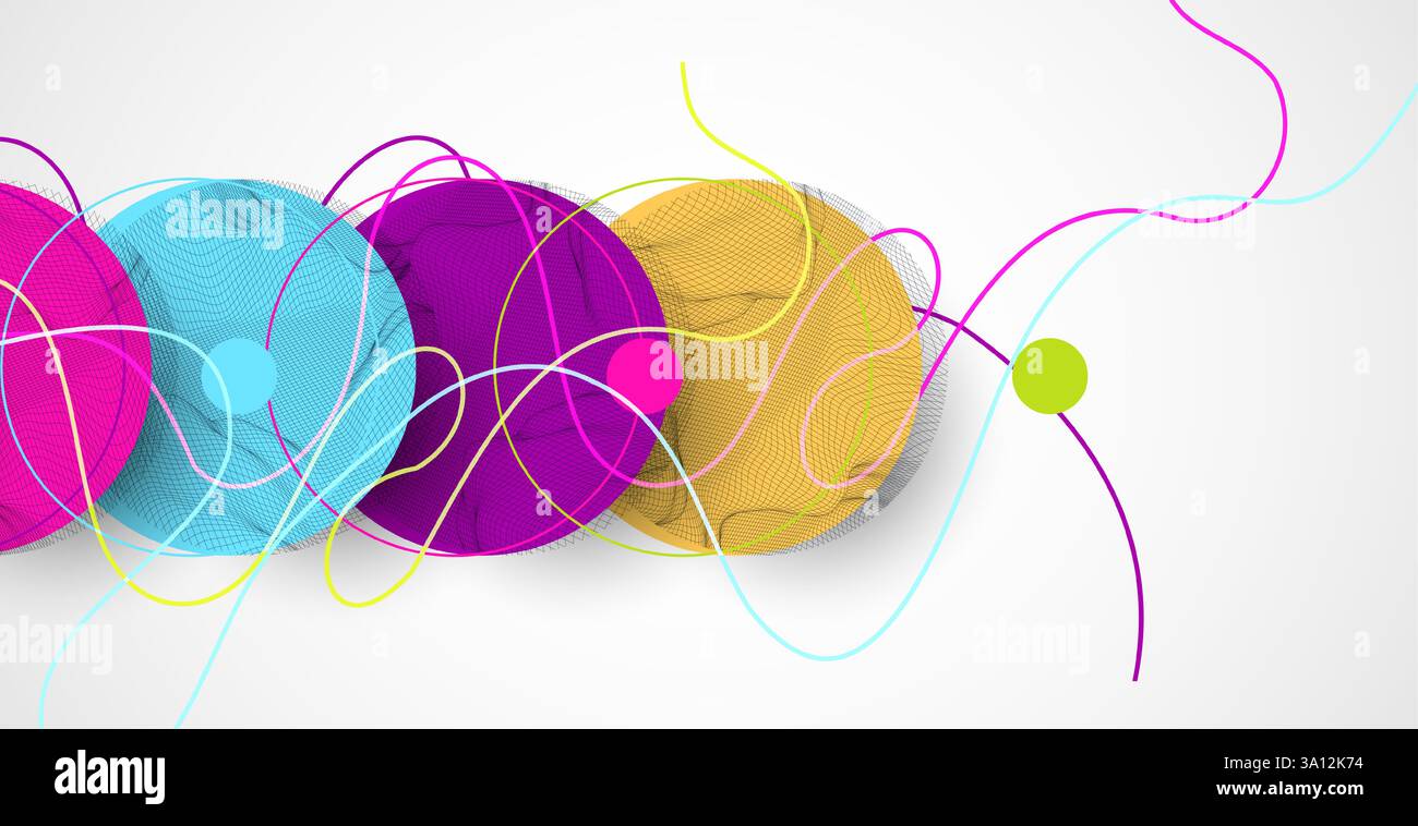Abstract colored background. Wireframe circles. Modern science or technology art elements. Surface illustration. Vector. Stock Vector