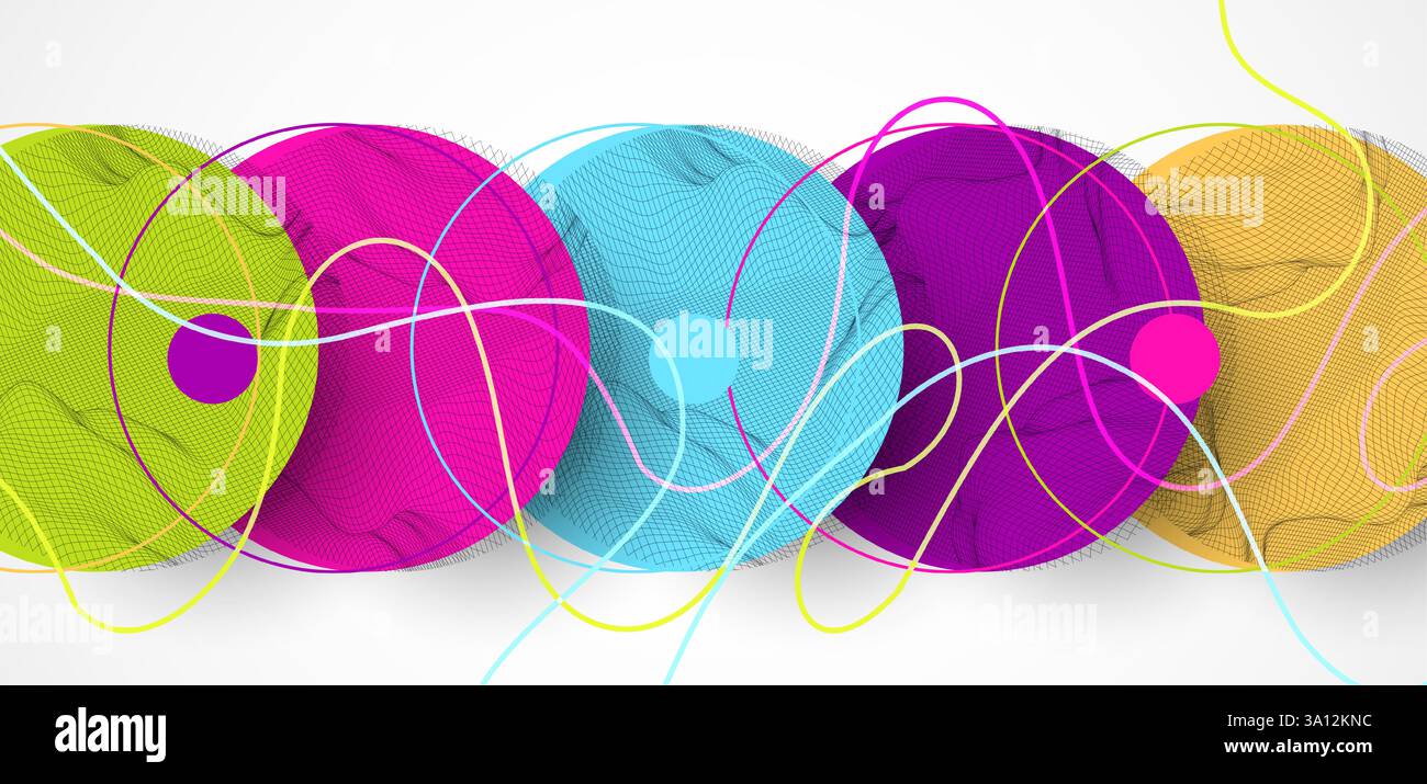 Abstract colored background. Wireframe circles. Modern science or technology art elements. Surface illustration. Vector. Stock Vector