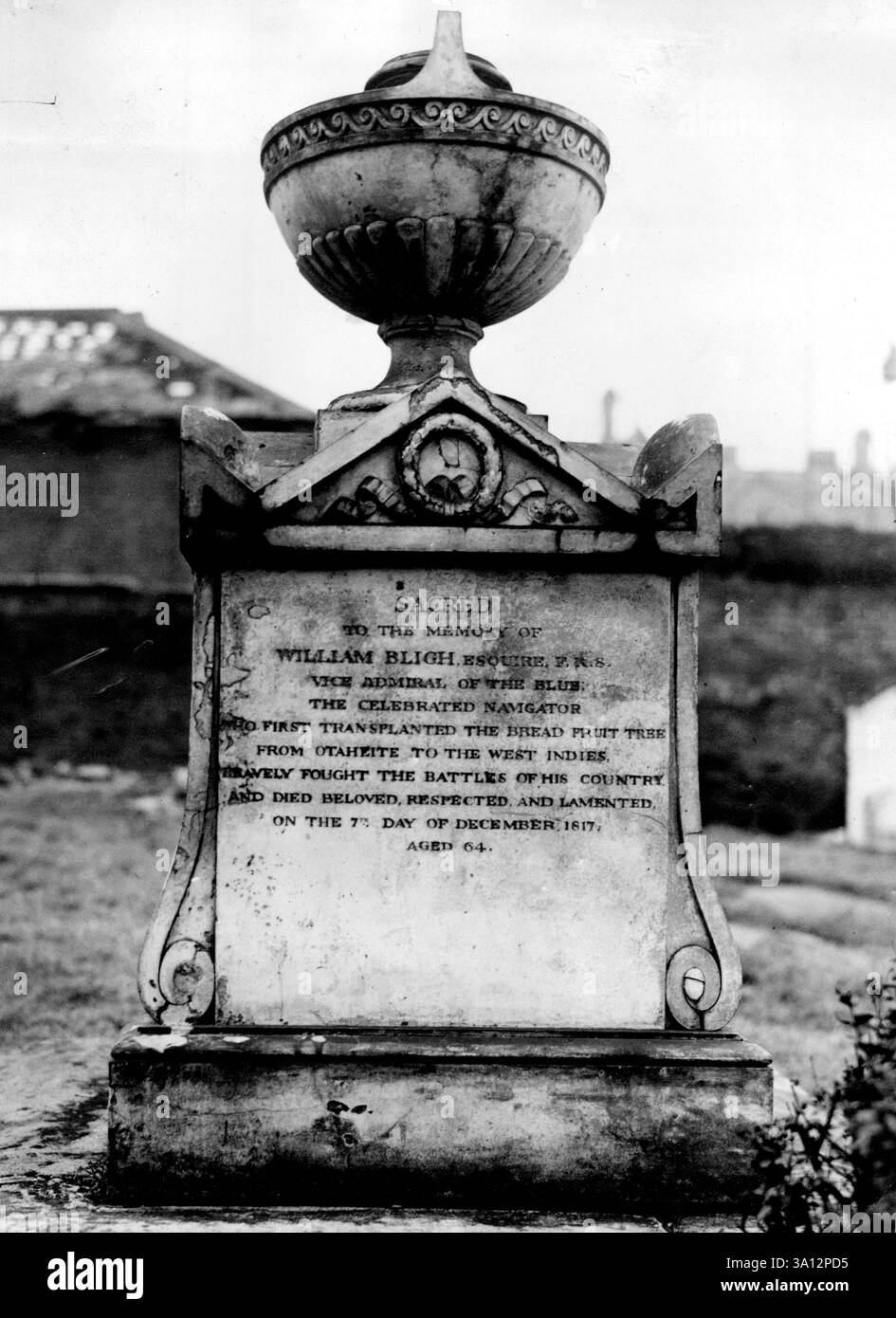 Bligh's Tomb not for Australia.Allegations that the tomb of captain Bligh, of the 'bounty' fame in Lambeth churchyard, London, S..E. was 'forlorn and forgotten' had led to a suggestion from Australia that his remains should be taken to Bligh street, Sydney. The rector of Lambeth, however, declares there will be an outory if the tomb is touched. The controversy is alleged to have started when the New South Wales agent-general in London wrote to Sydney city council enclosing a statement by an Australian Naval officer that the tomb was damaged by blast and appeared in a dilapidated condition. Mar Stock Photo