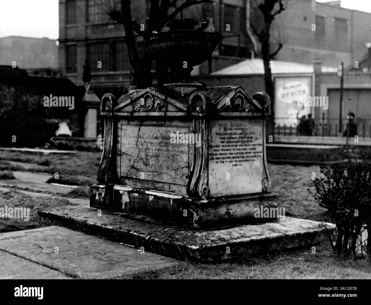 Bligh's Tomb Not For Australia.Allegations that the tomb of Captain Blight of the '' Bounty ' fame, in Lambeth Churchyard, London, S.E, was 'forlorn and forgotten' has led to a suggestion from Australia that his remains should be taken to Bligh Streets Sydney, The Recor of Lambeth, however, declares that there win be an outcry if the tomb is touched The controversy 1s alleged to have started when t e New South Wales Agent-General in London wrote to Sydney City Council enclosing a statement 1y an. Australia Laval officer that the tomb was damaged by bomb blast tad appeared in a dilapidated cond Stock Photo