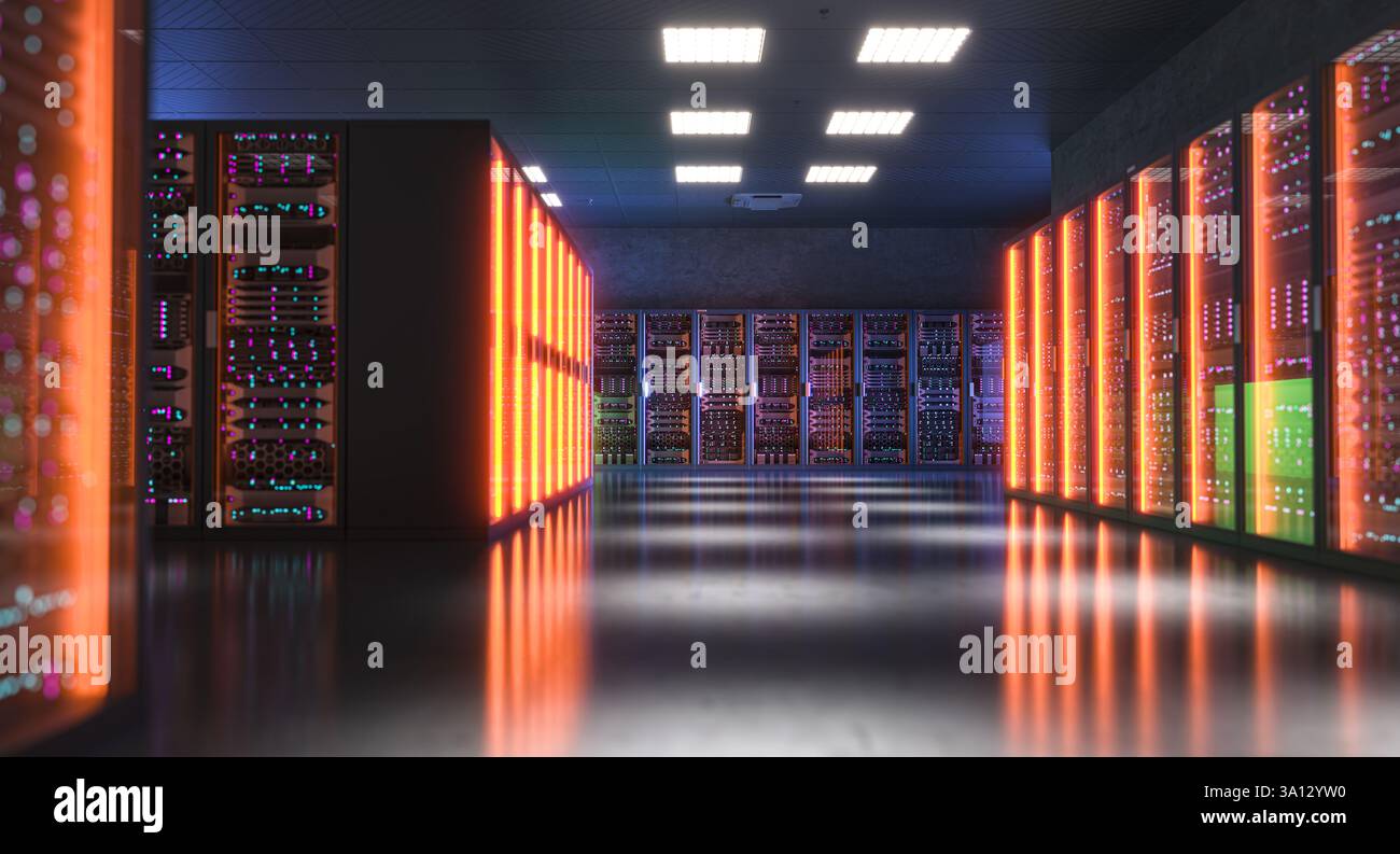 Server room hosting many servers glowing with orange  lights 3d background Stock Photo
