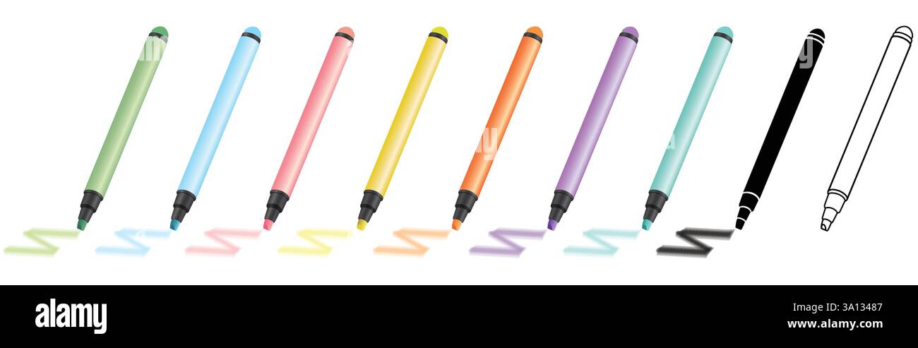 set of 9 highlighter marker sharpie pens for highlighting text in pink, yellow, green, blue, orange, purple, teal Stock Vector