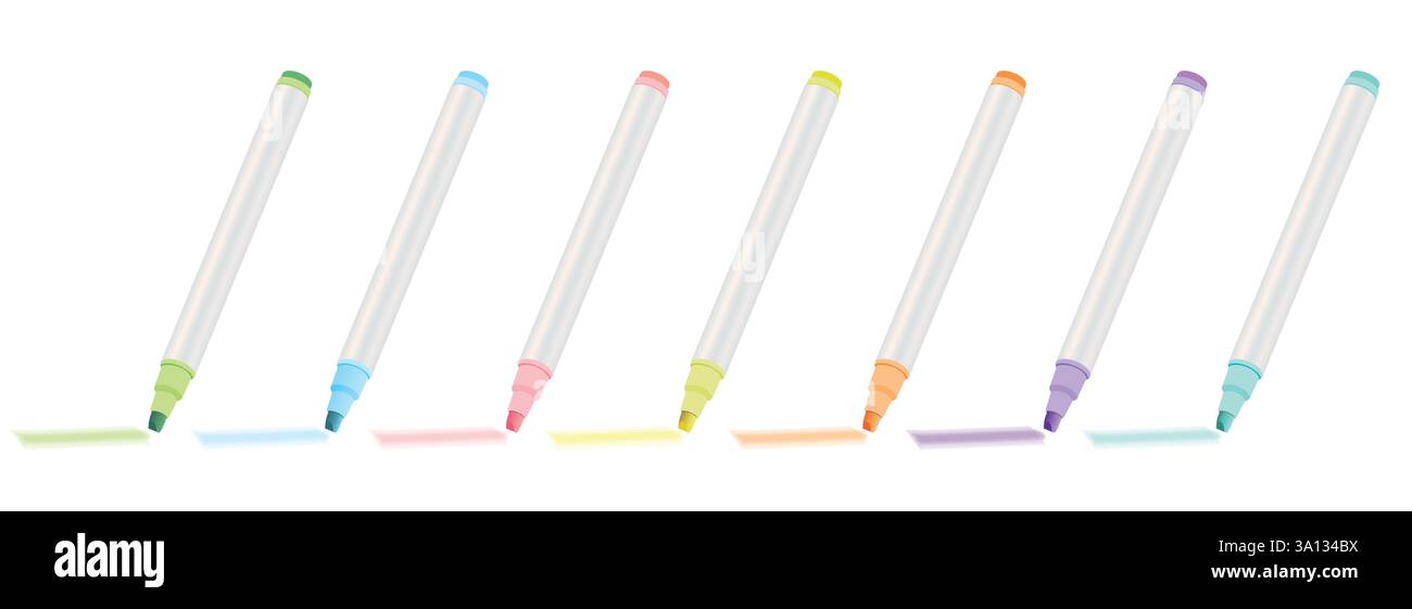 set of 7 highlighter marker pens for highlighting text in pink, yellow, green, blue, purple, orange and teal isolated on white background. Stock Vector