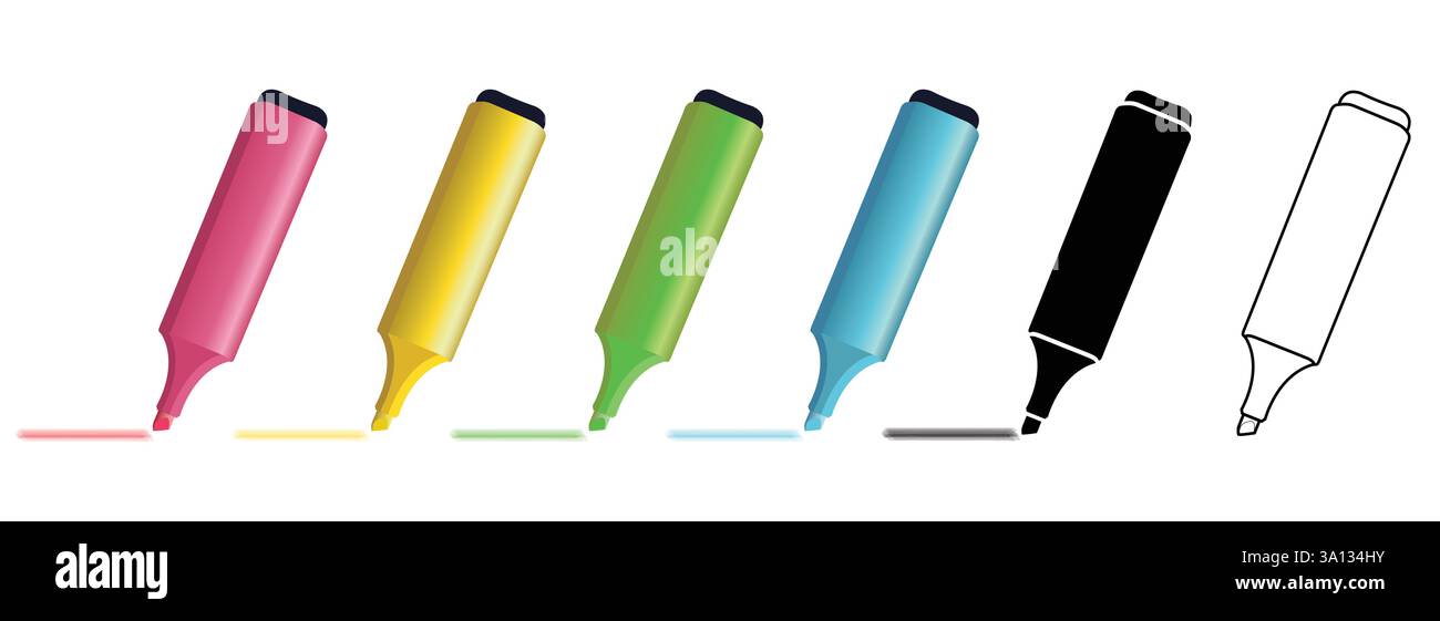 set of 6 highlighter marker pens for highlighting text in pink, yellow, green, blue, black silhouette and outline isolated on white background Stock Vector