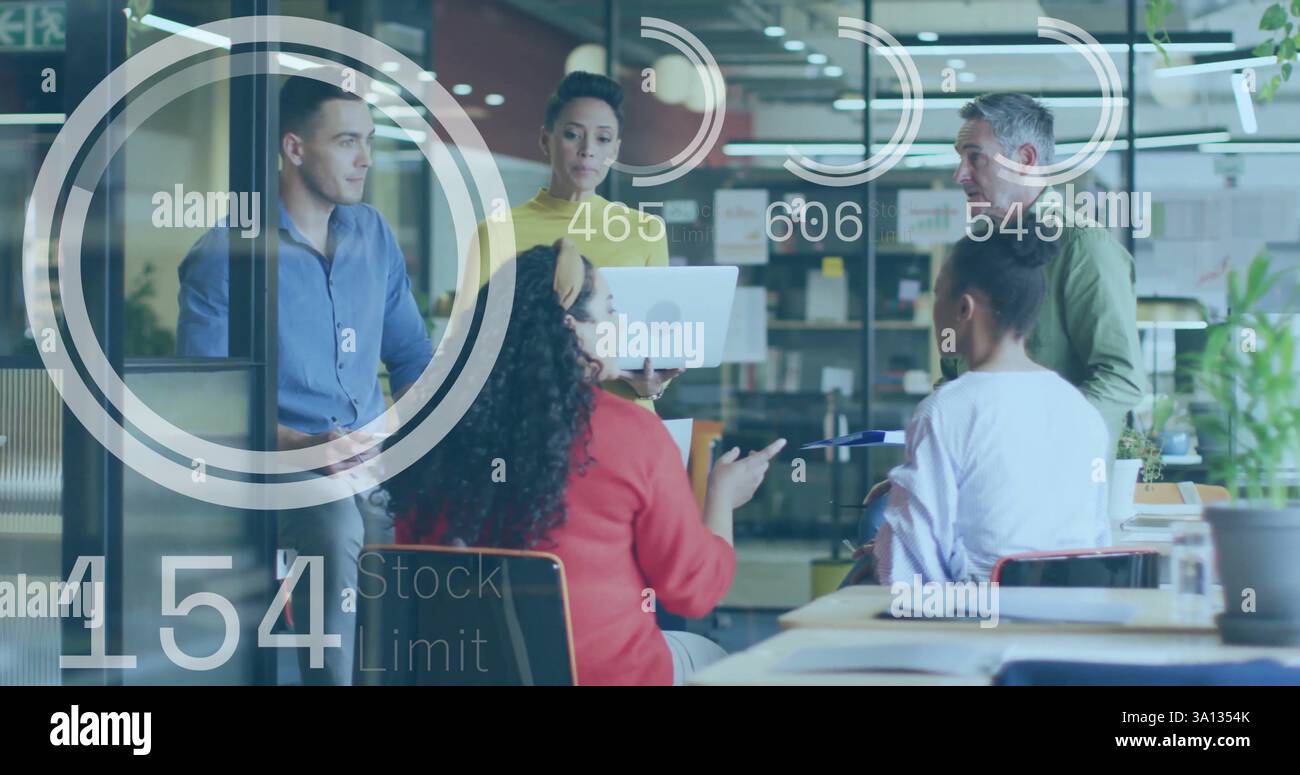 Image of data processing and circles over diverse colleagues discussing work Stock Photo