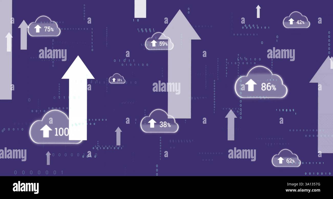 Image of arrows and clouds with percents over binary coding Stock Photo