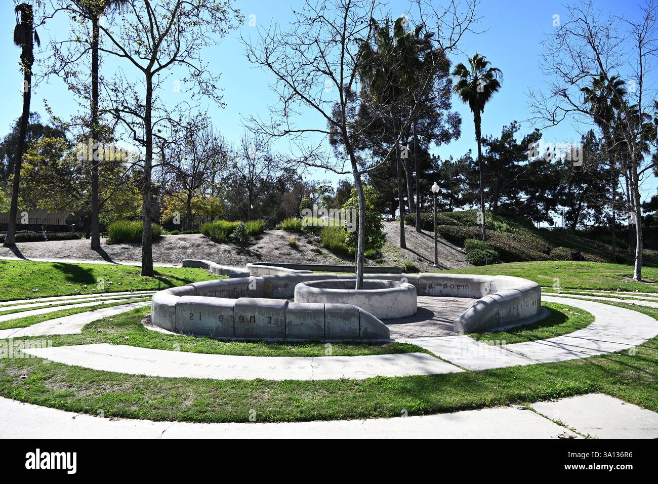 LONG BEACH, CALIFORNIA - 28 FEB 2025: Art in public places at Cesar Chavez Park Amphitheater on Golden Avenue. Stock Photo