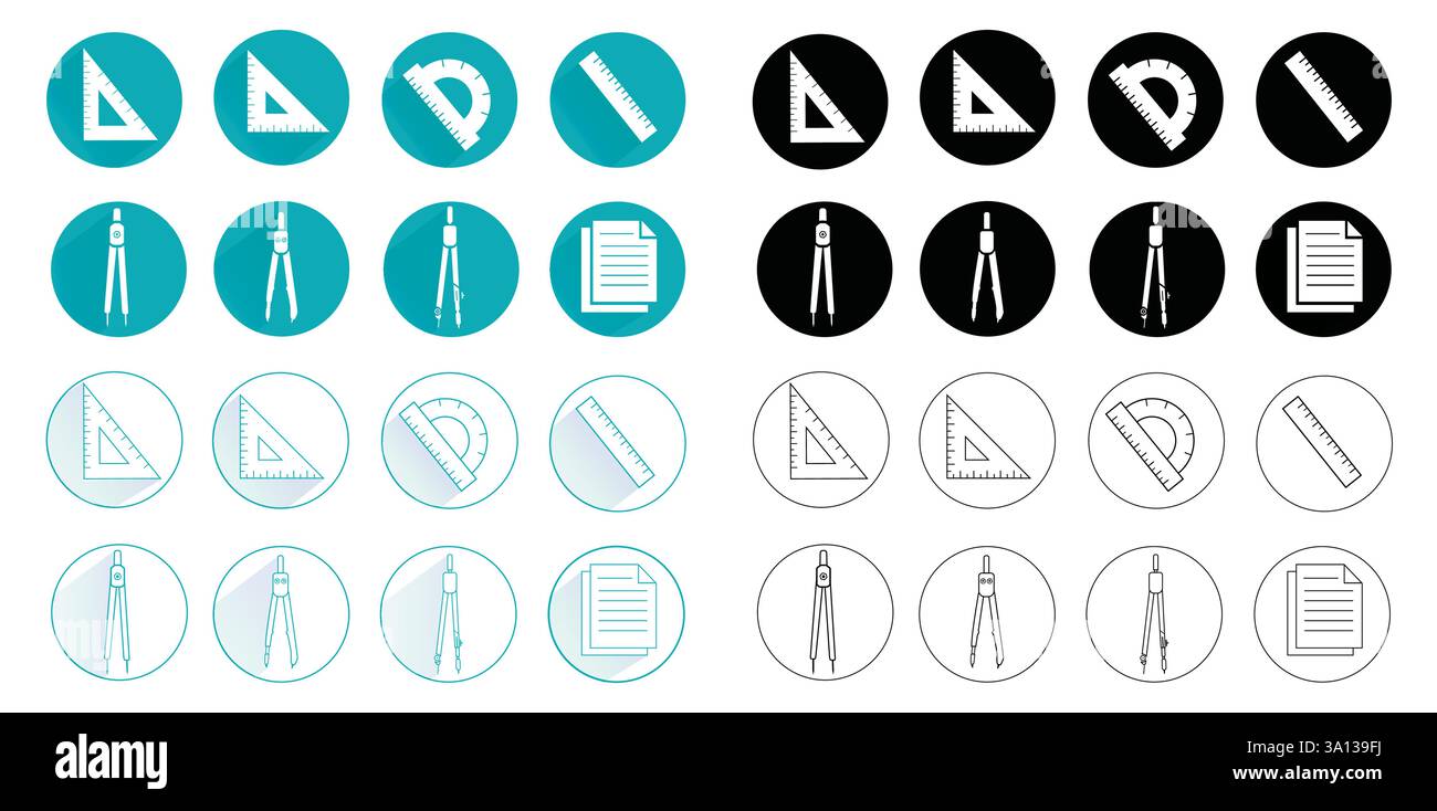 stationary icon set in blue and black circles with gradient shadow isolated on white background for logos or web. Vector illustration graphic elements Stock Vector