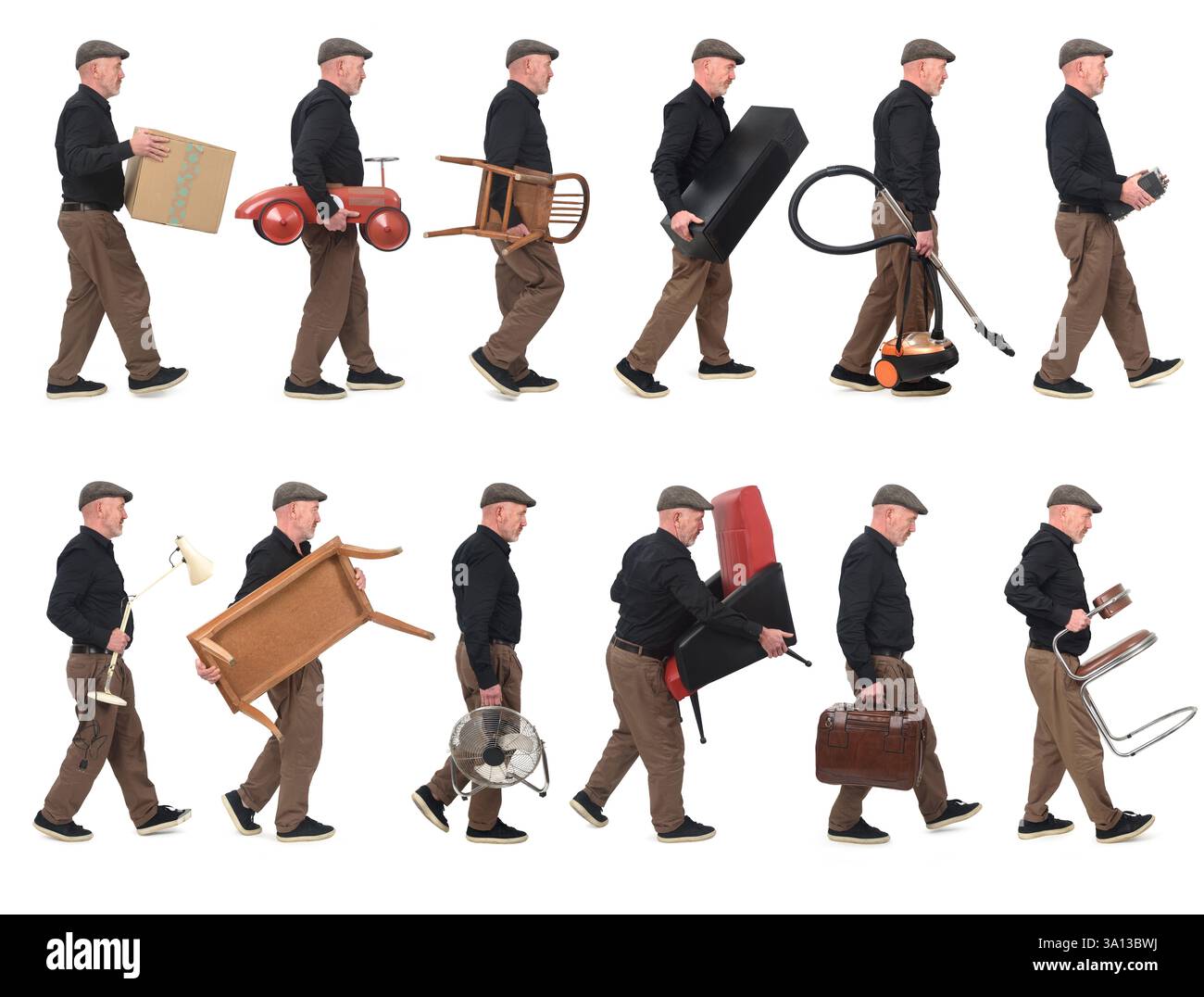 side view of the same man walking carrying various objects from his ...