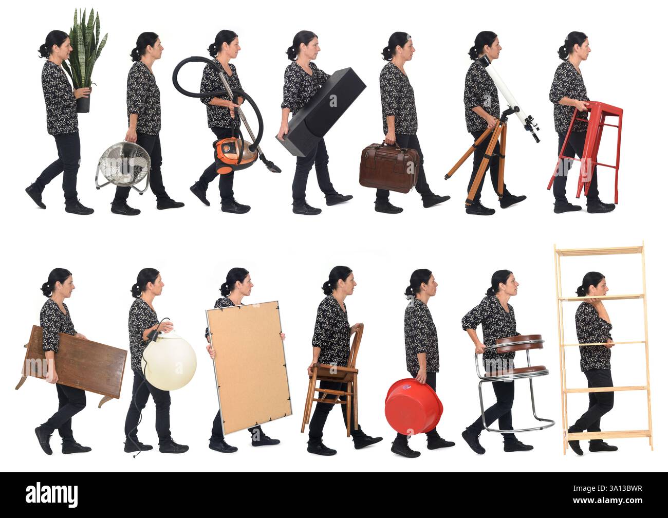 side view of the same woman walking carrying various objects from his ...