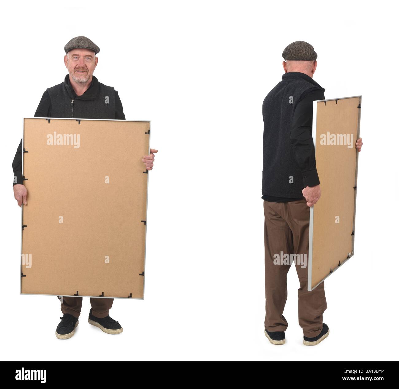 front and back view of same man holding a frame on white background ...