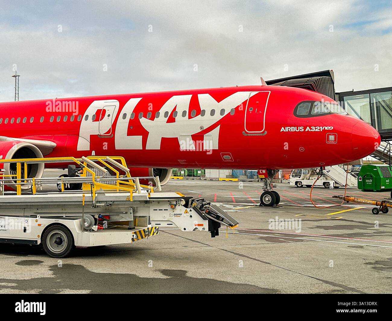 Keflavik, Iceland - 1 September 2024:  Airbus A321 Neo operated by Play Airlines at the terminal building at Keflavik airport. - Smartphone Captured Stock Image