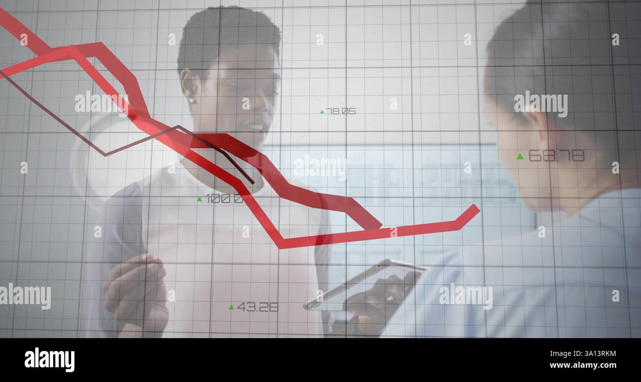Image of red lines and financial data processing over diverse business people in office Stock Photo