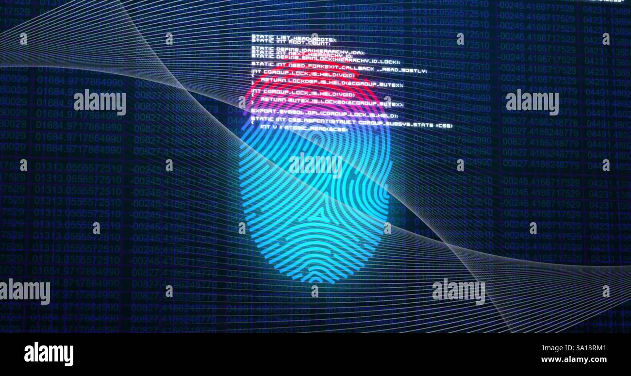 Image of fingerprint and data processing on black background Stock Photo