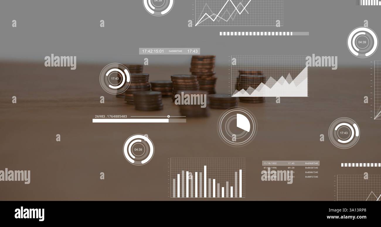 Image of data processing and diagrams over coins Stock Photo - Alamy