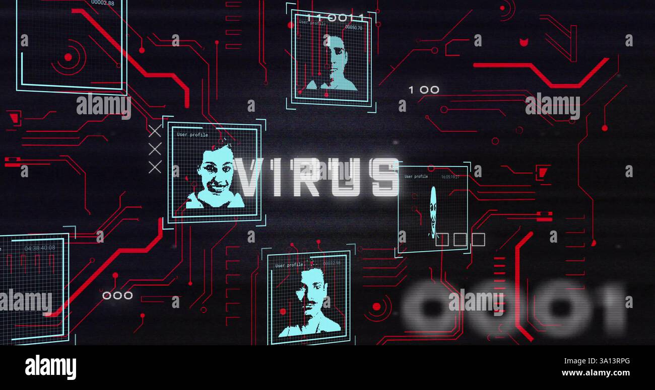 Image of data processing and people icons over virus text Stock Photo