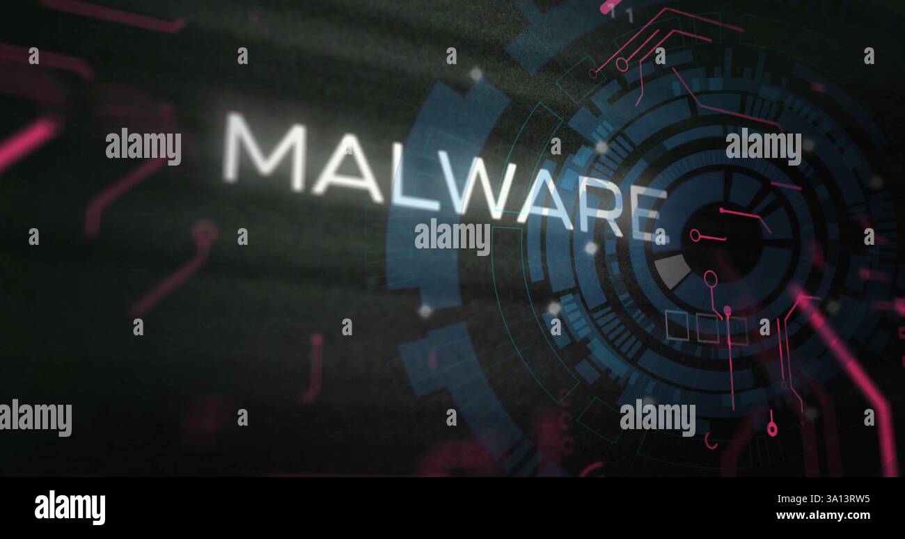 Image of malware text and scope scanning over data processing Stock Photo