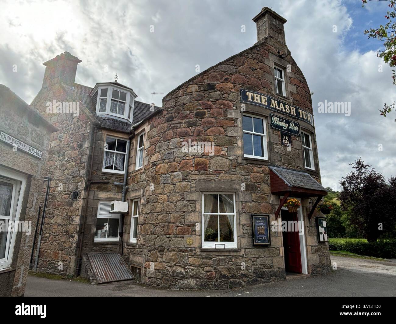 Beautiful Scottish Highland town of Aberlour in Speyside in Scotland. Ancient stone buildings and village views of buildings. Scottish tourist attract - Smartphone Captured Stock Image