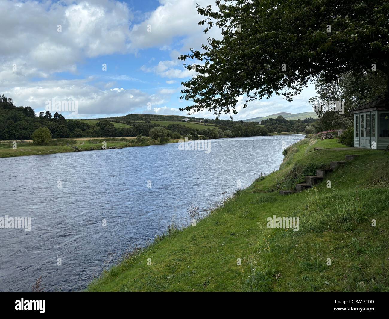 The great river Spey at Aberlour. Famous Scottish salmon fishing river in the Highlands of Scotland. - Smartphone Captured Stock Image