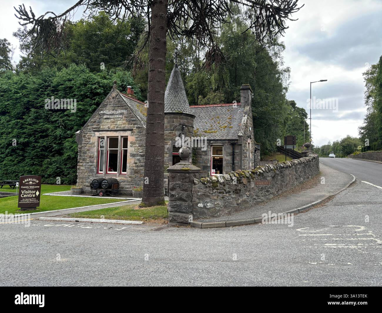 Entrance gate house and gift shop of Aberlour Distillery. Scottish whisky distillery.  Aberlour, Scottish Highlands. Speyside in Scotland. - Smartphone Captured Stock Image