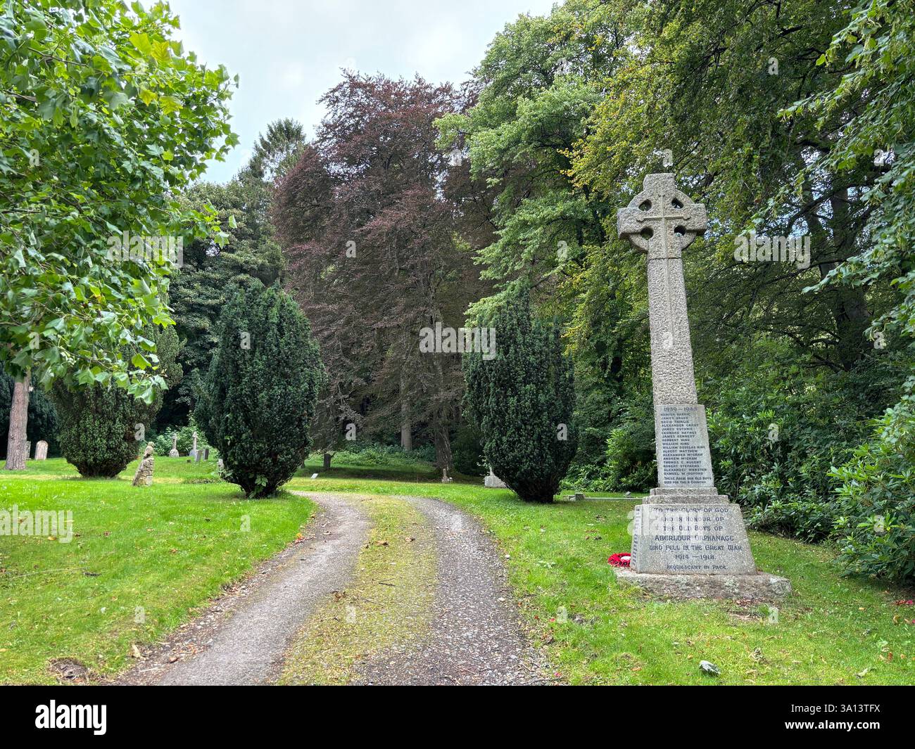 St. Margaret’s Church and graveyard in Aberlour, Scottish Highlands. Speyside in Scotland. War memorial grave stone - Smartphone Captured Stock Image