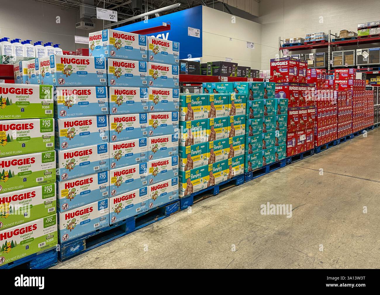 Diapers for sale in bulk in a Sam's Club store. Merrillville, IN USA March 6, 2025 - Smartphone Captured Stock Image
