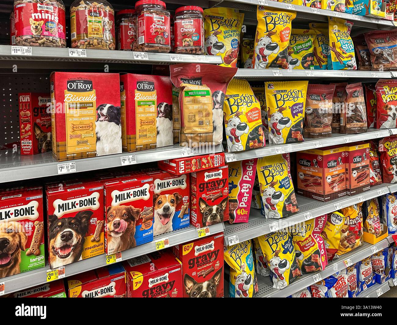 Selection of dog treats on a store shelf. Merrillville, IN USA March 6, 2025 - Smartphone Captured Stock Image
