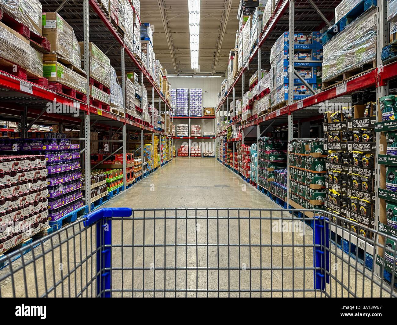Shopping cart in a Sam's Club store aisle. Merrillville, IN USA March 6, 2025 - Smartphone Captured Stock Image