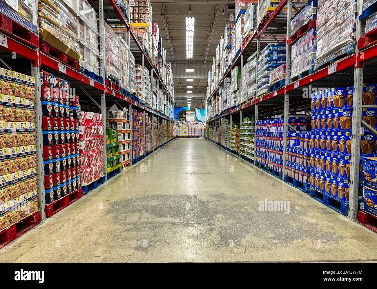 Sam's Club aisle of breakfast cereals and food. Merrillville, IN USA March 6, 2025 - Smartphone Captured Stock Image