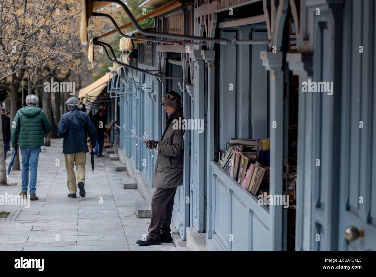 Stalls at the Cuesta de Moyano book fair, March 6, 2025, in Madrid