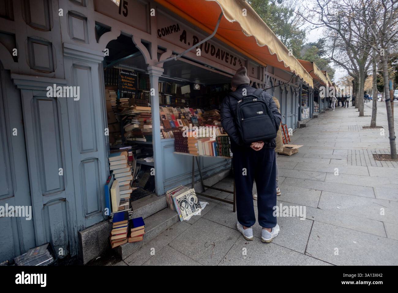 Stalls at the Cuesta de Moyano book fair, March 6, 2025, in Madrid