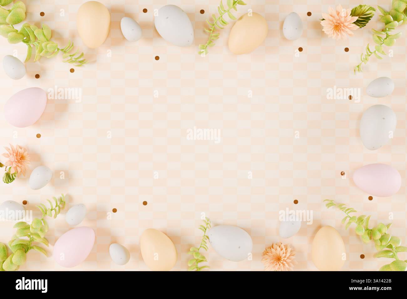 Colorful Easter eggs surrounded by flowers and greenery on a pastel ...