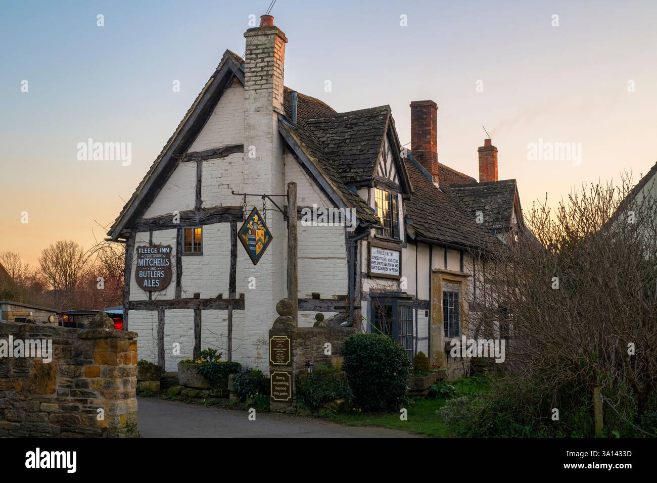 The Fleece Inn at sunset in march. Bretforton, Worcestershire.Cotswolds. England. Stock Photo