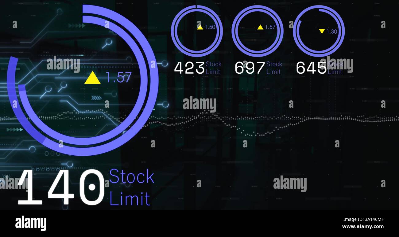 Image of blue circular scanners processing over data stream and network on black background Stock Photo