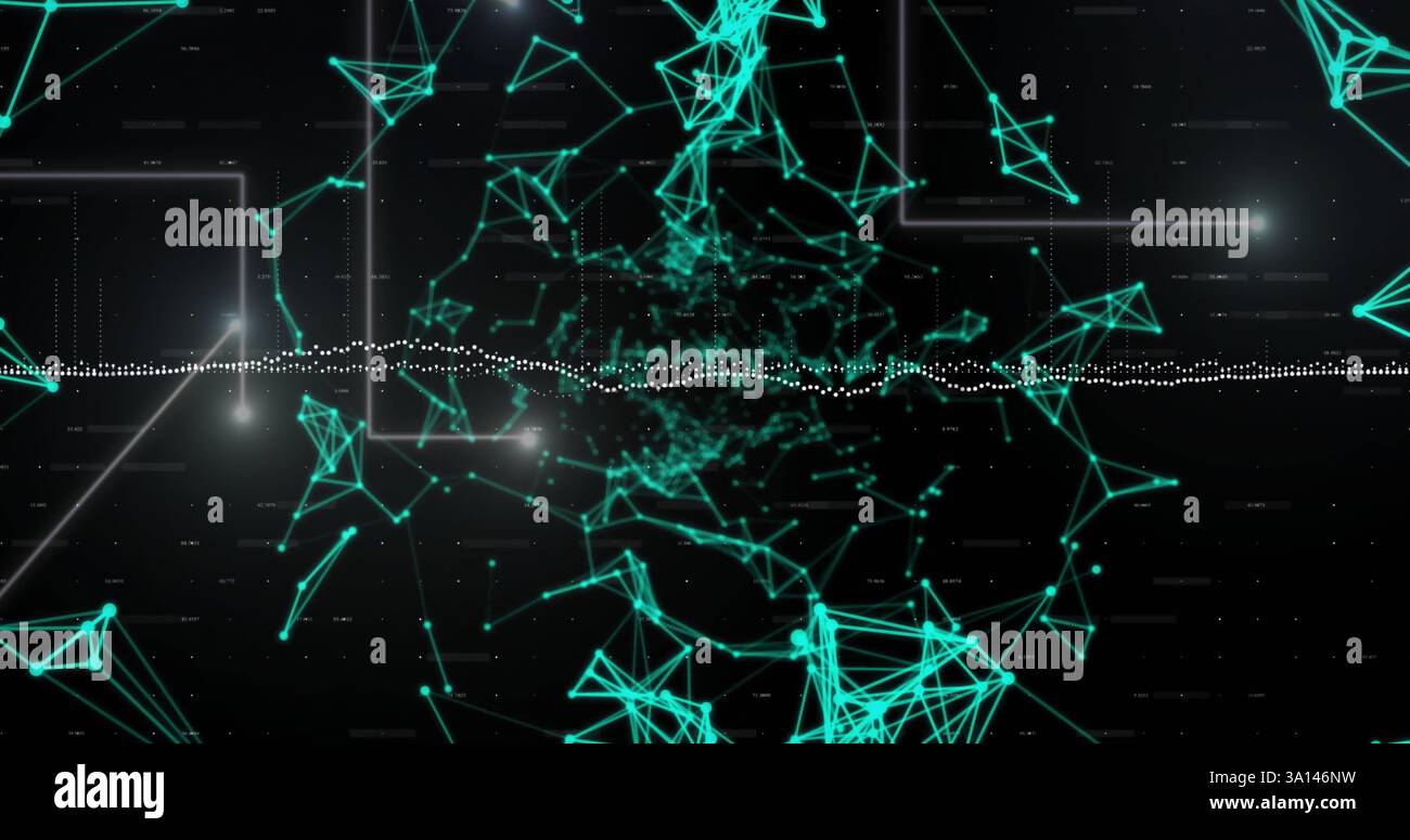 Image of data stream processing over glowing green networks on black background Stock Photo