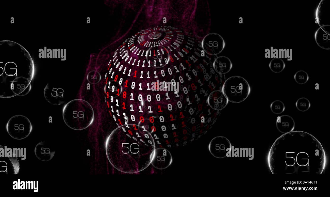 Image of 5g text, binary coding and digital data processing over globe Stock Photo