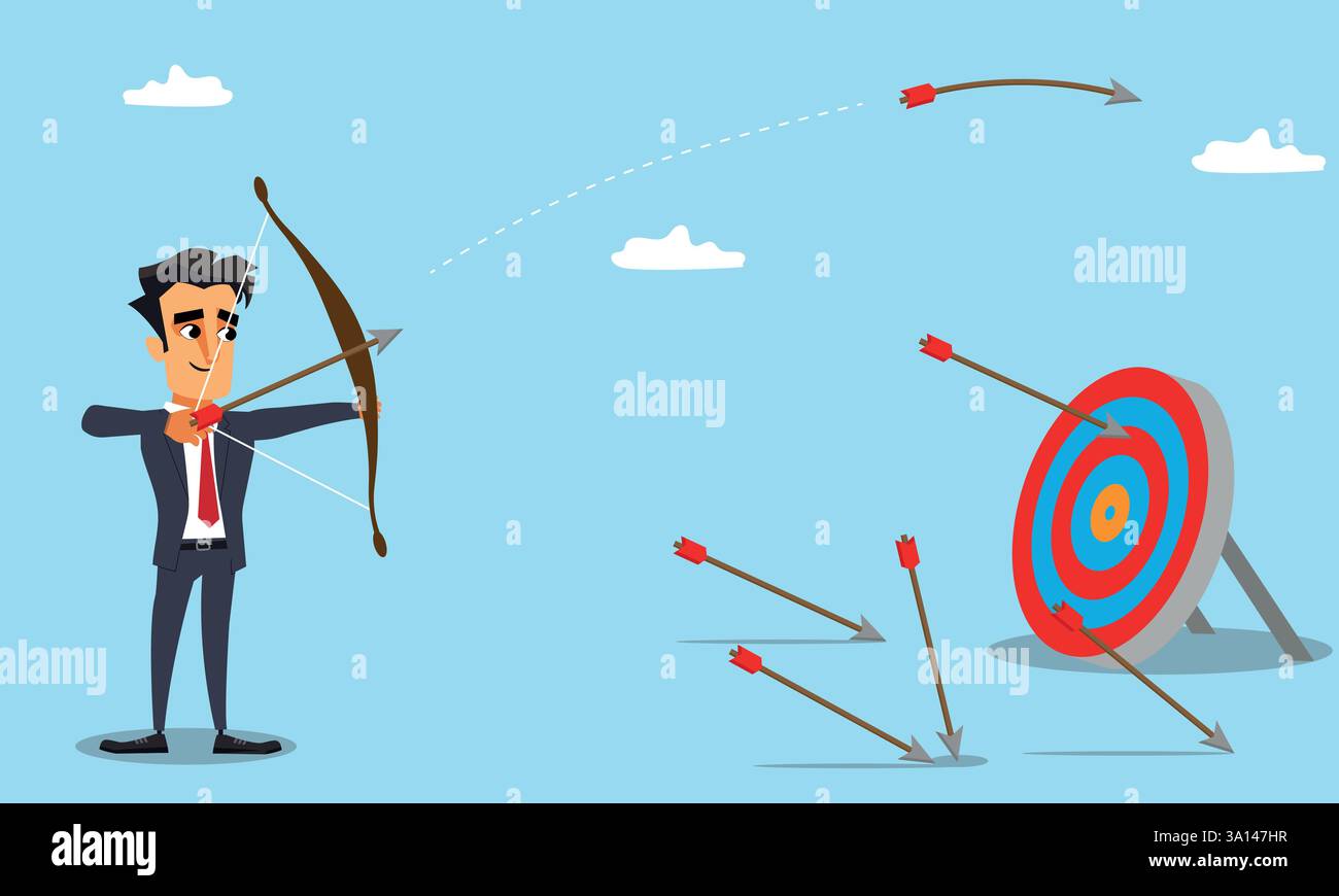 Businessman shooting arrows at an archery target but missing, Salesman missing order expectations or company missing growth target concept Stock Vector