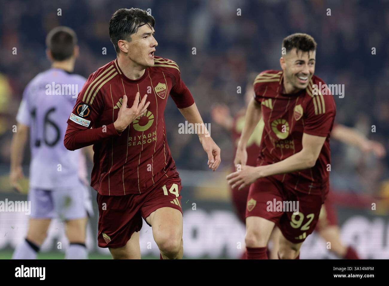 Roma’s Uzbek forward Eldor Shomurodov celebrates after scoring a goal
