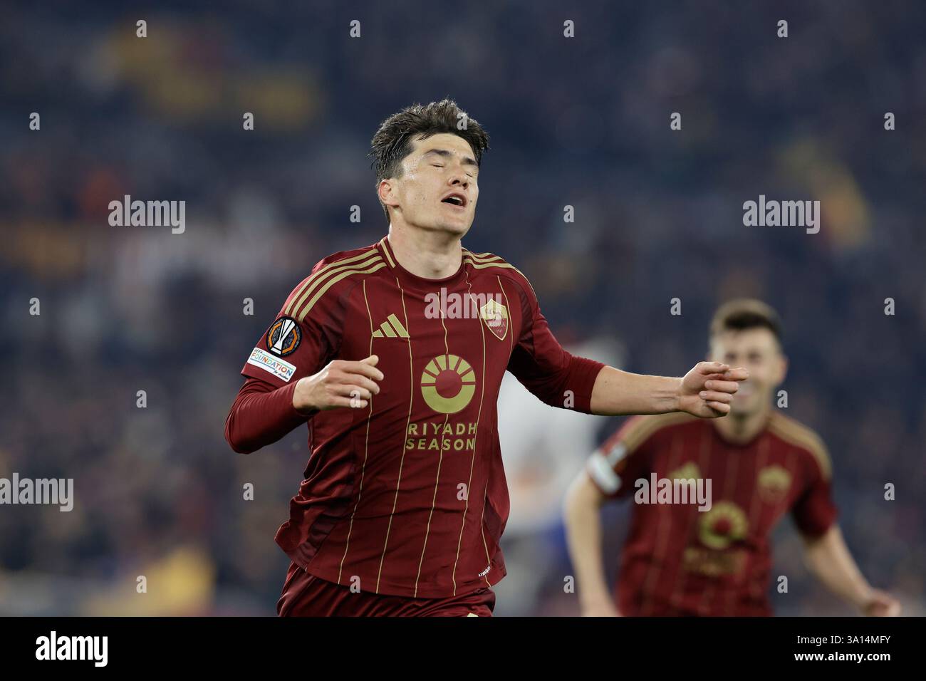 Roma’s Uzbek forward Eldor Shomurodov celebrates after scoring a goal