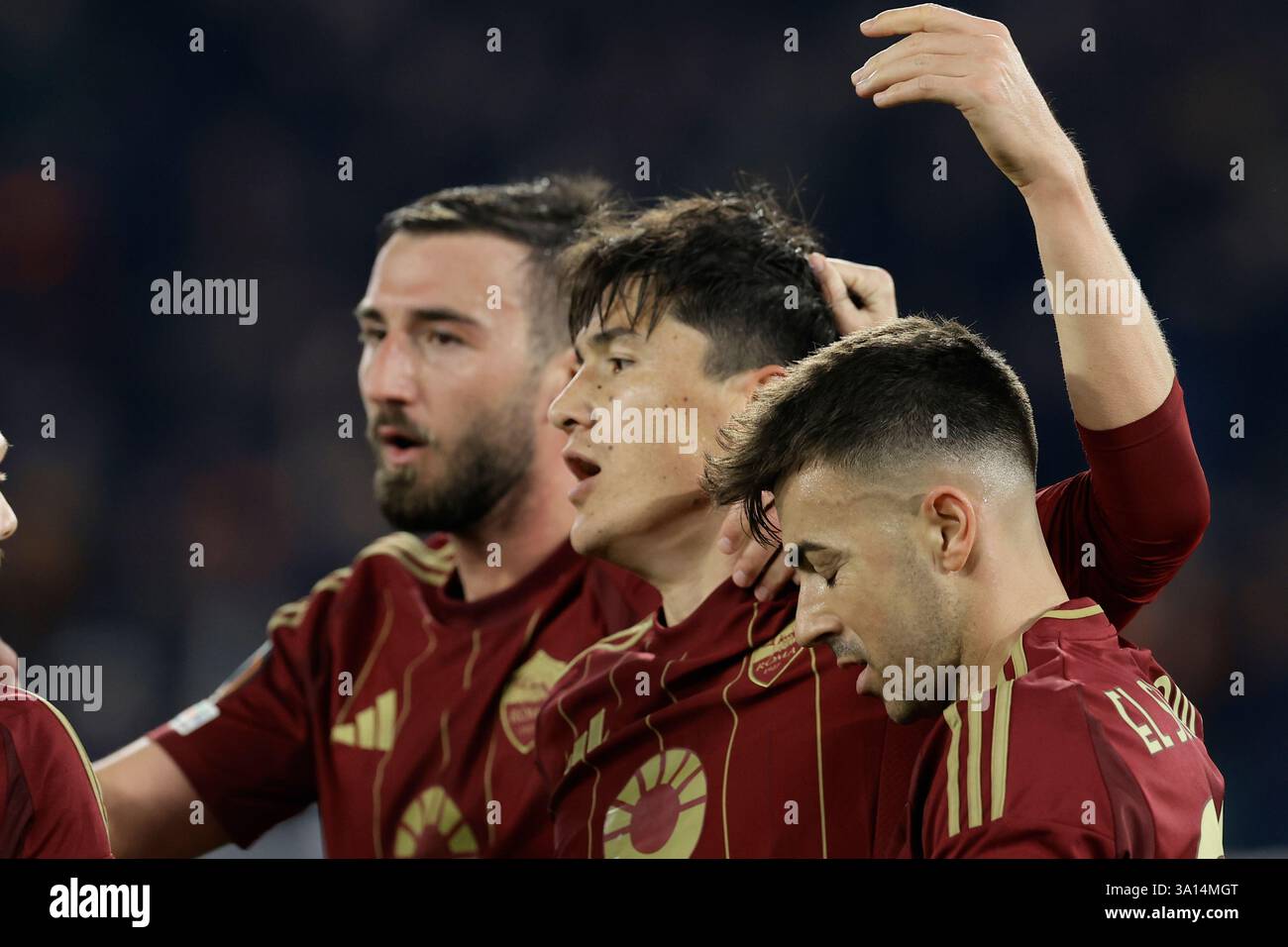 Roma’s Uzbek forward Eldor Shomurodov celebrates after scoring a goal